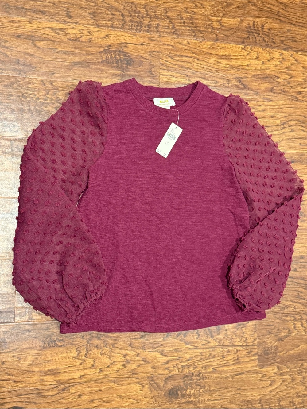 NWT Maeve Anthropologie Textured Sleeve Top Wine XXS
